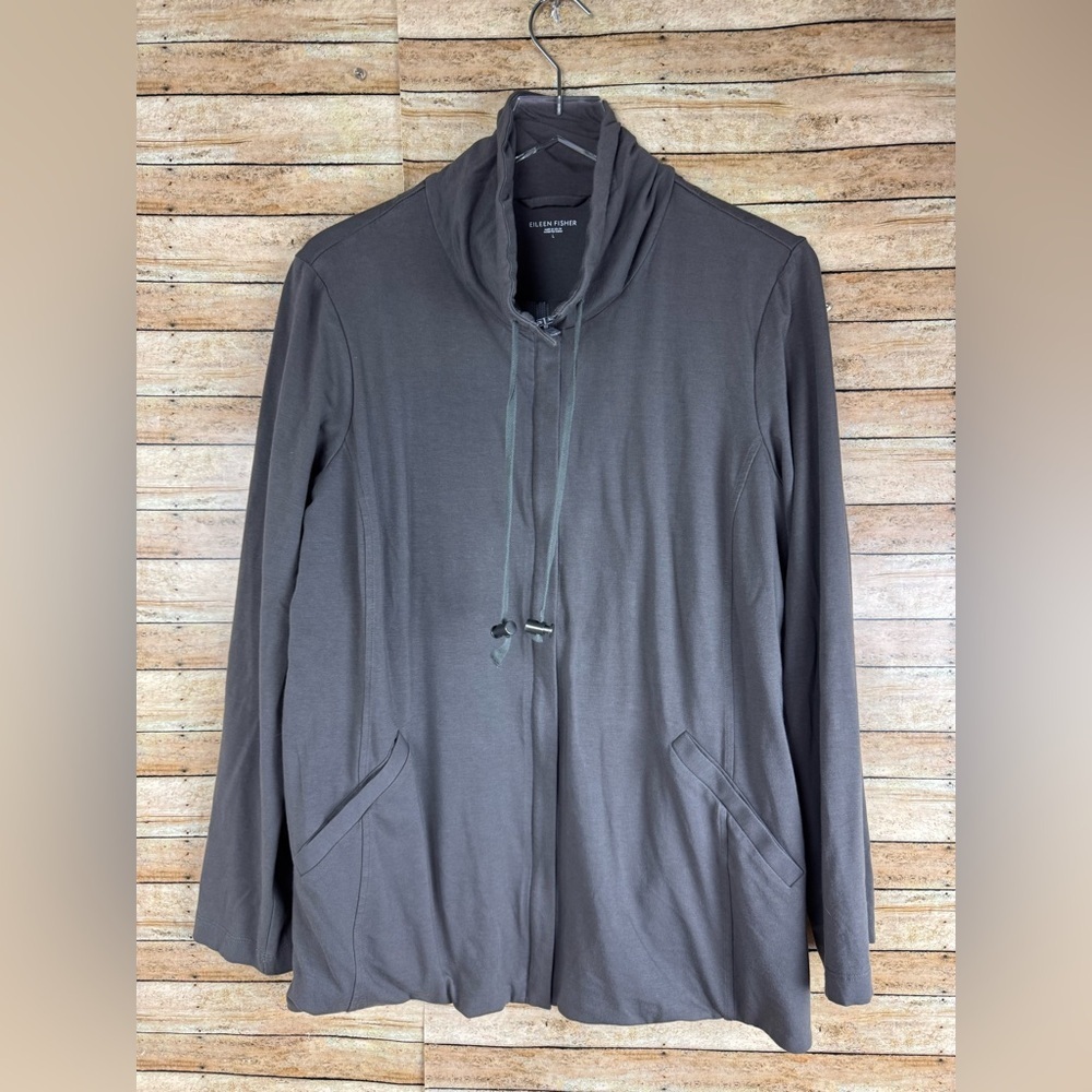 Eileen fisher women sustainable organic cotton funnel neck jacket sz L gray